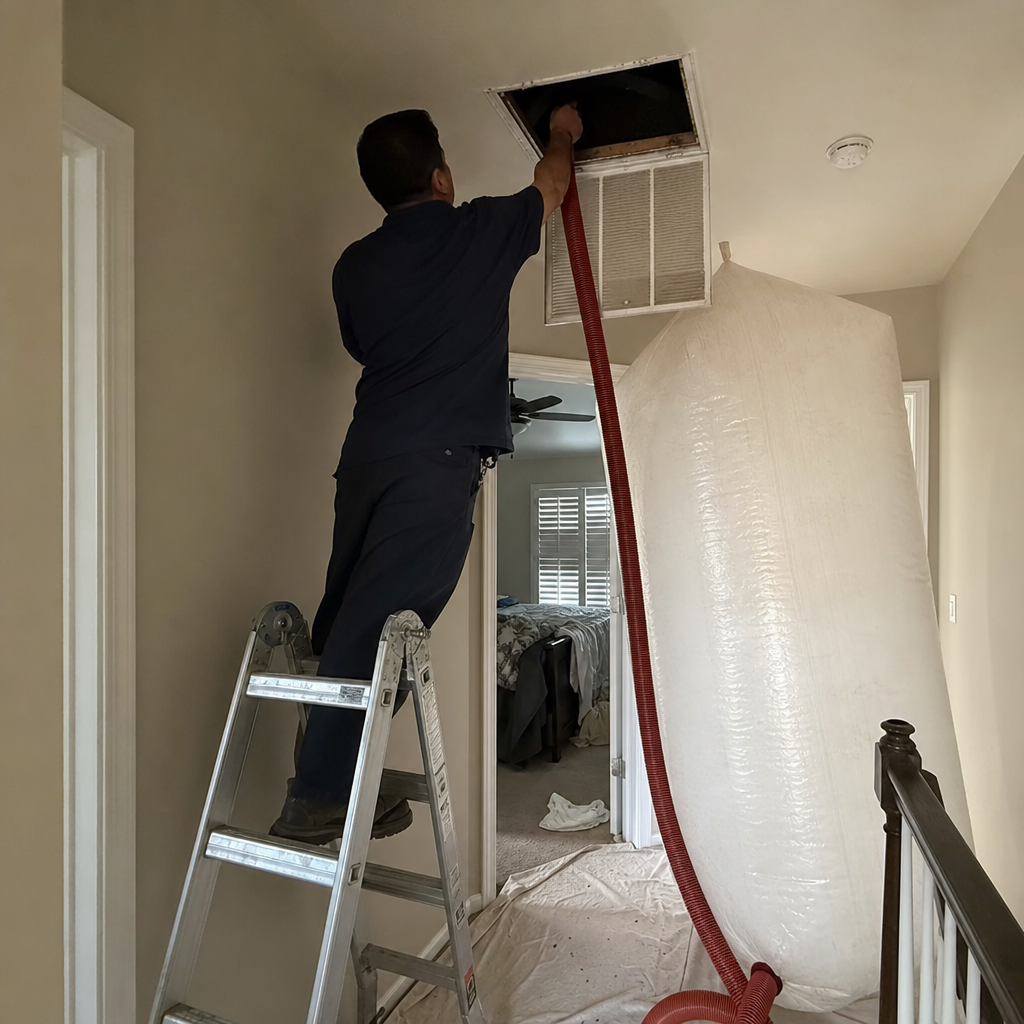 Technician performing professional residential air duct cleaning service