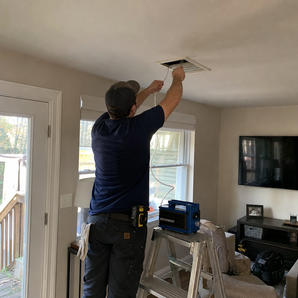 Technician performing professional residential air duct cleaning and sanitization services.